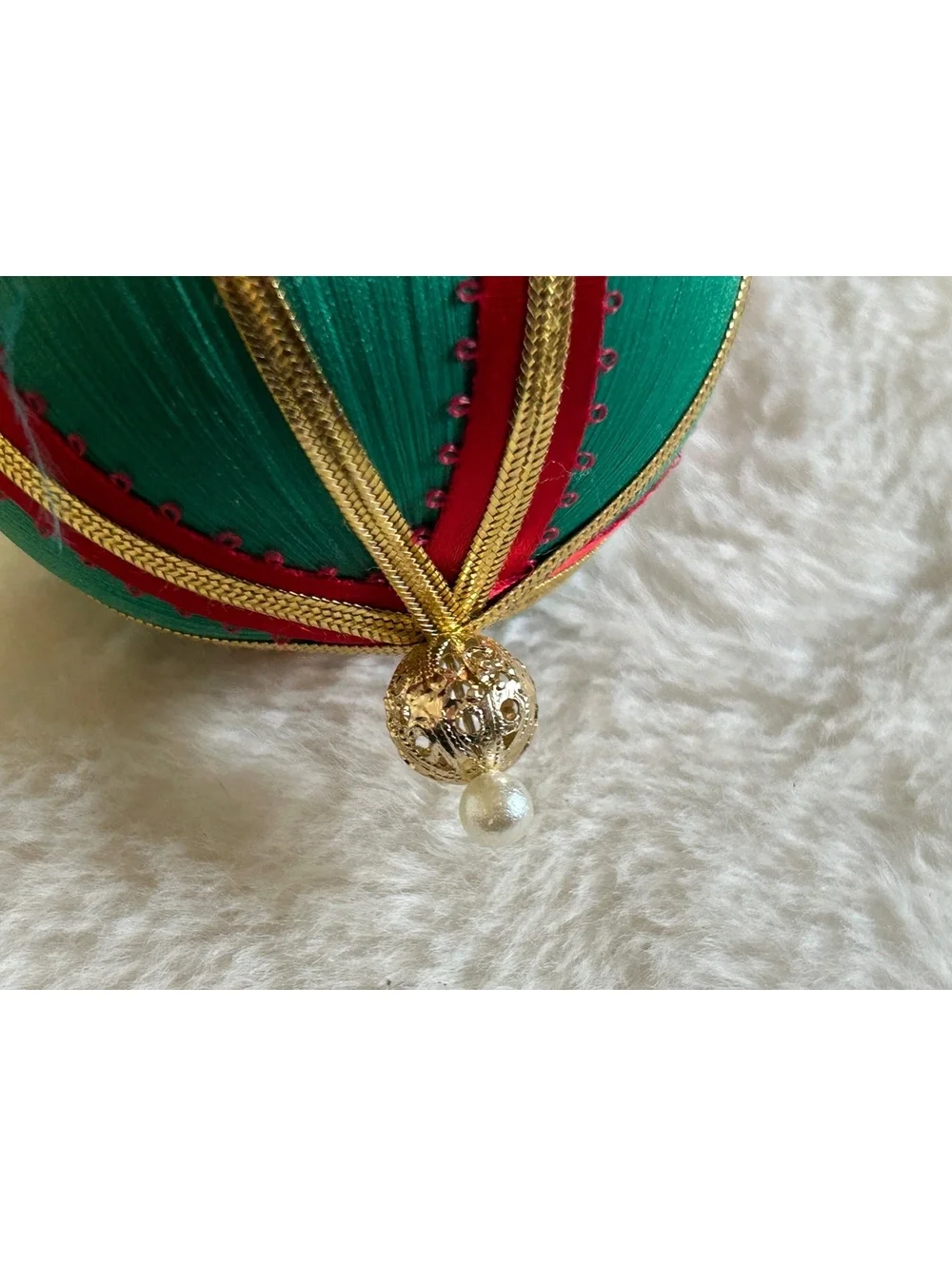 Vintage Green and Red Satin Christmas Ornament with Gold Trim and Pearl Accent